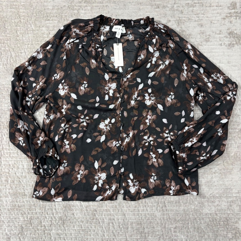 Cloth & Stone Anthropologie Brown Floral Ruffle Neck Button‎ Down Blouse S NEW